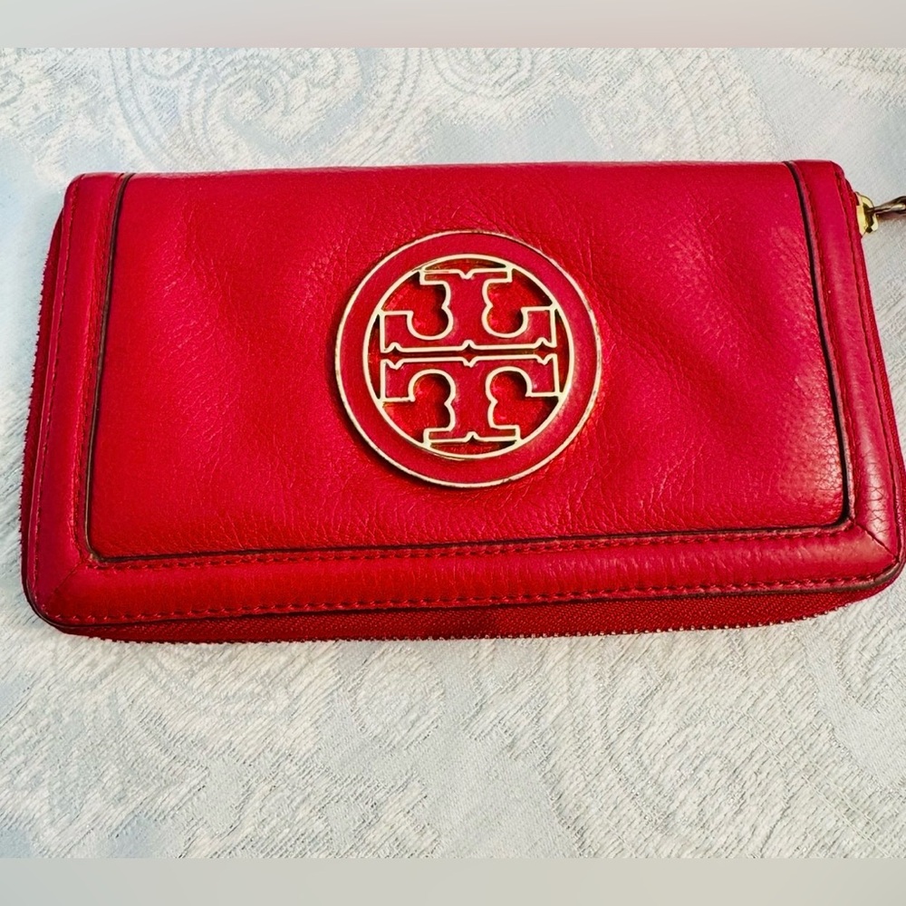 Tory Burch Red Leather Zip-Around Wallet with Gold Logo
